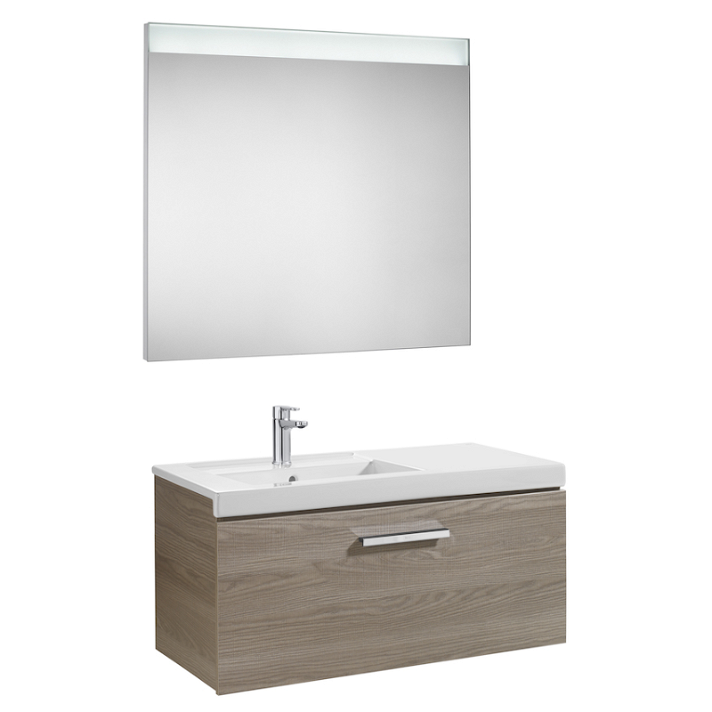 Meuble de salle de bains de 90 cm avec bac du côté gauche couleur frêne Pack Prisma Roca