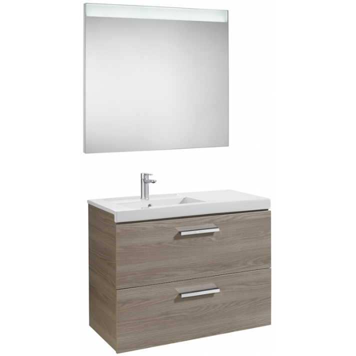 Ensemble de salle de bains de 90 cm avec deux tiroirs et un bac à gauche couleur frêne Pack Prisma Roca