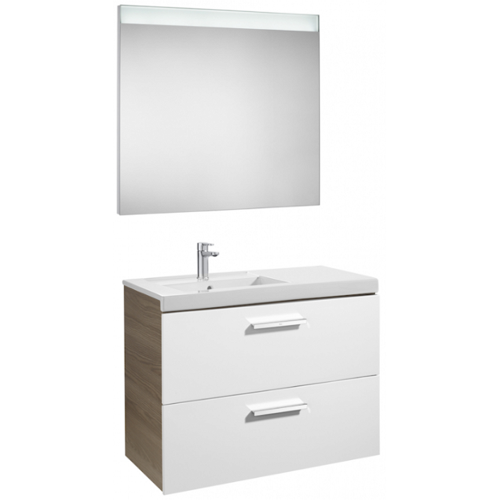 Ensemble de salle de bains de 90 cm avec deux tiroirs et bac à gauche blanc-frêne Pack Prisma Roca