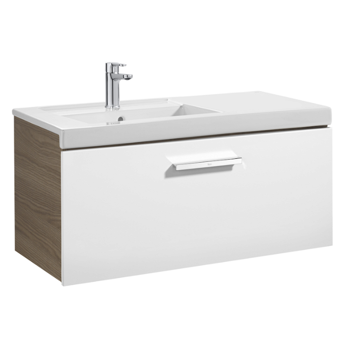 Mueble de baño con lavabo izquierdo y un cajón de 90 cm de ancho color blanco-fresno Unik Prisma Roca
