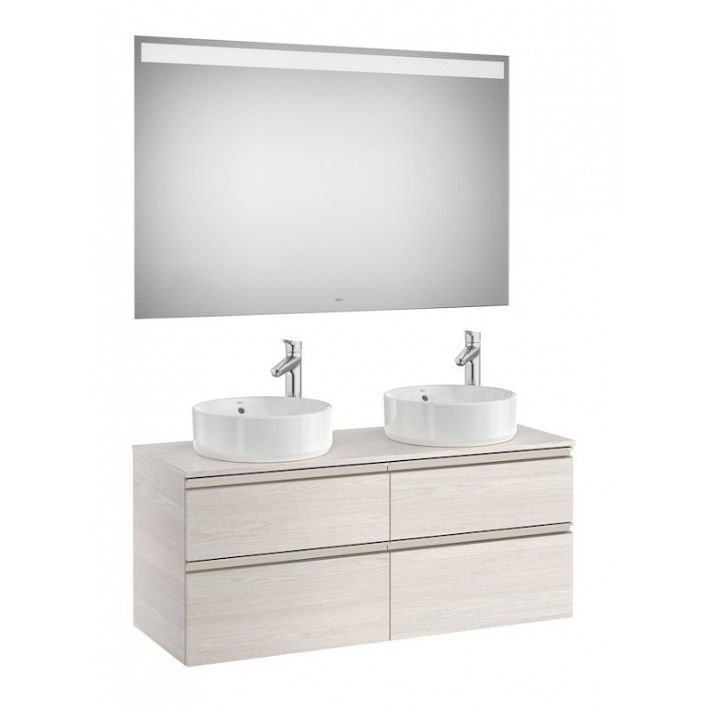Unterschrank für zwei Aufsatzwaschbecken mit 4 Schubladen Spiegel mit LEDs in Esche Dekor 120 cm Pack The Gap von Roca