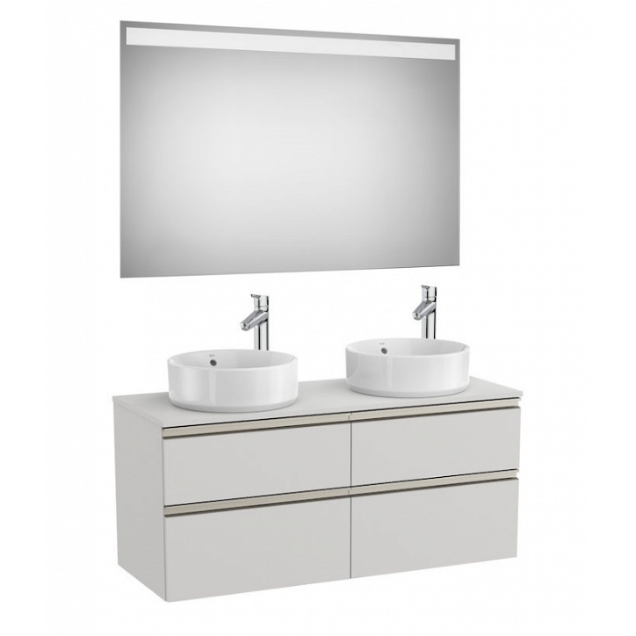 Badezimmerunterschrank für zwei Aufsatzwaschbecken mit 4 Schubladen und Spiegel mit LEDs in Eisgrau 120 cm Pack The Gap von R