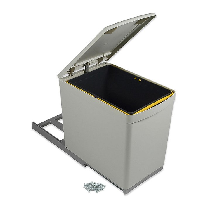 Bottom-fixing recycling bin with self-opening lid made of grey plastic Emuca