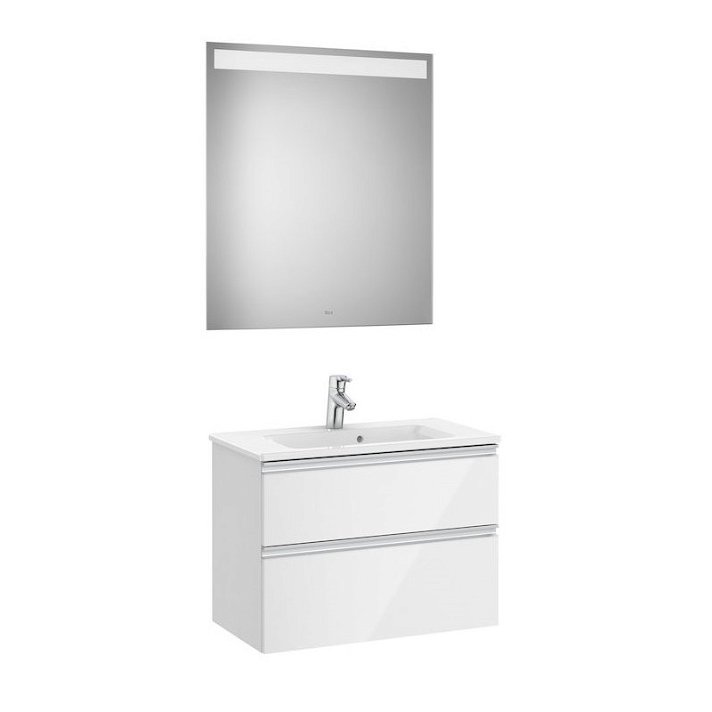 Móvel para casa de banho de duas gavetas com lavatório central e espelho LED de 70 cm Branco brilhante Pack The Gap Roca