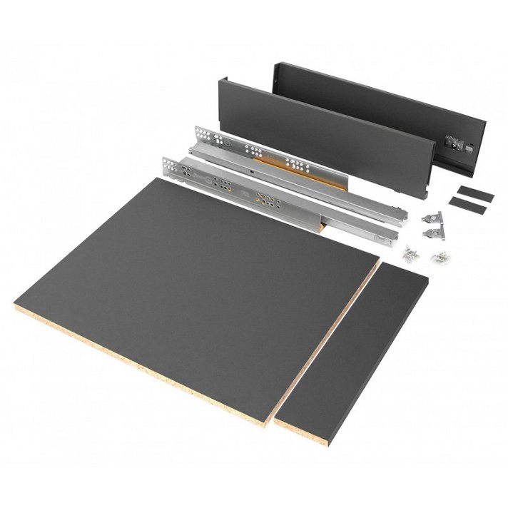 Kit para montaje de cajón con cierre amortiguado y tableros de color gris antracita Vertex Emuca