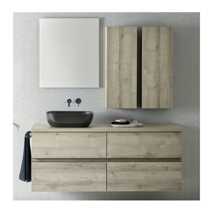 Conjunto mueble de baño con encimera de madera y lavabo de cerámica negro 140 cm Hana Sanchis