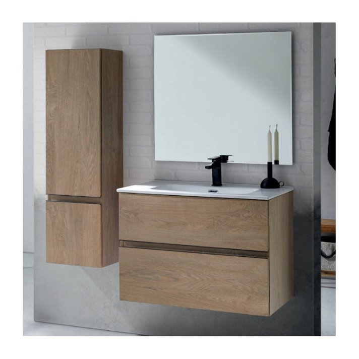 Conjunto de baño con mueble de 80 cm y encimera con lavabo centrado integrado más espejo y mueble auxiliar Hana Sanchis