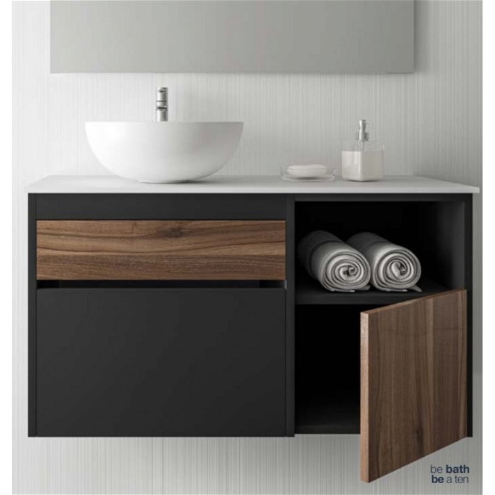 Mueble modular suspendido para baño fabricado en MDF con cajones y estantes Negro Hecco B10