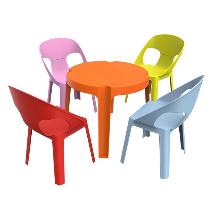 Lot pour enfants adapté aux extérieurs avec 1 table orange et 4 chaises multicolores 2 Rita Resol
