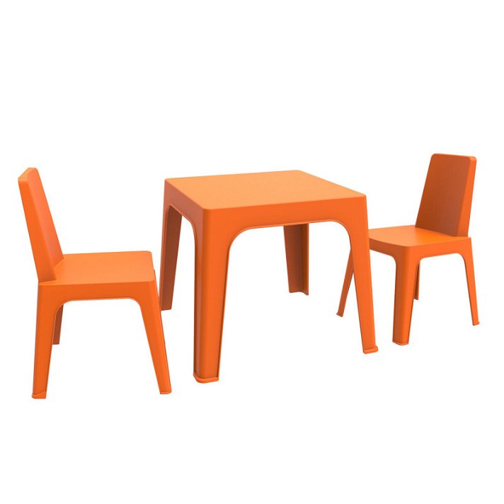 Set infantil de 1 mesa y 2 sillas aptas para exterior con acabado en color naranja Julieta Resol