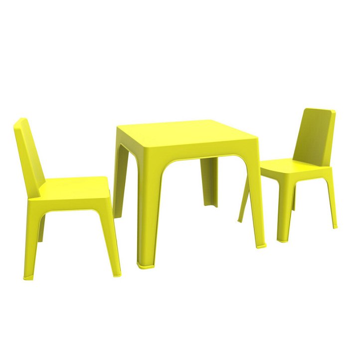 Set infantil de una mesa con dos sillas en color verde lima para uso en exterior o interior Julieta Resol