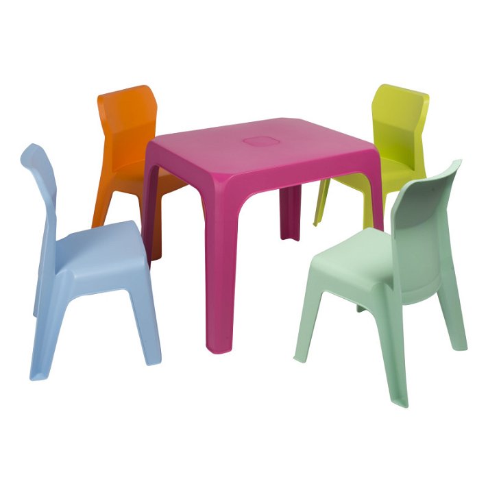 Lot pour enfants adapté aux extérieurs avec 1 table fuchsia et 4 chaises multicolores 1 Jan Resol