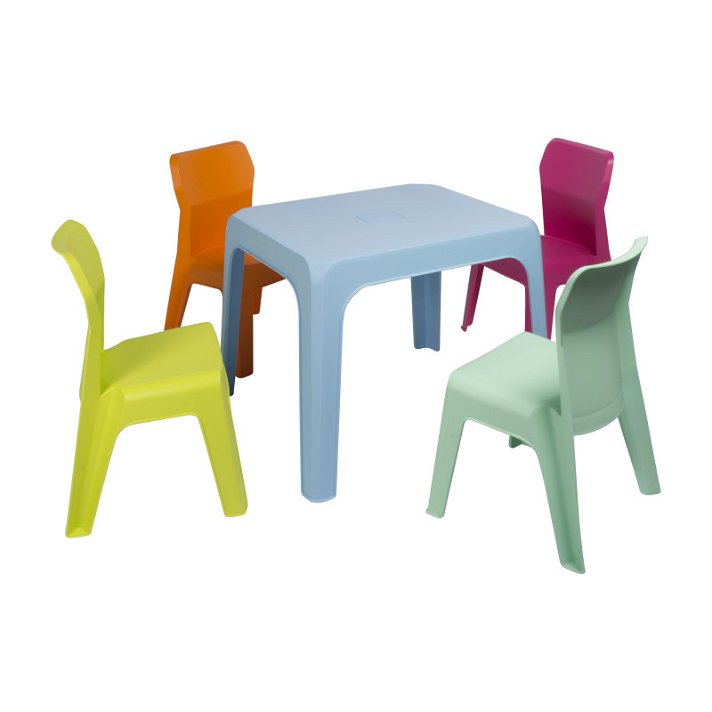 Lot pour enfants pour extérieurs avec 1 table bleu ciel et 4 chaises multicolores 5 Jan Resol