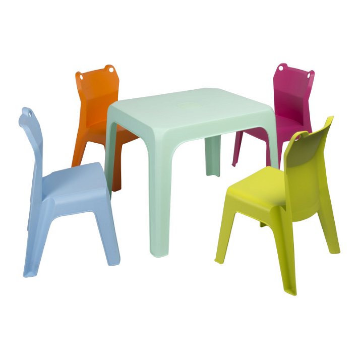 Lot pour enfants pour extérieurs avec 1 table vert d'eau et 4 chaises multicolores 2 Janfrog Resol