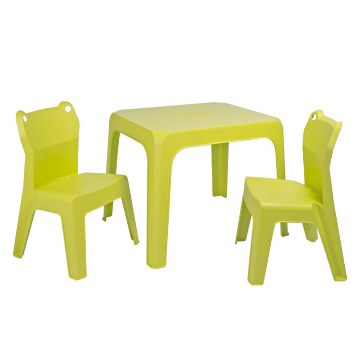 Set infantil apto uso exterior con 1 mesa y 2 sillas en acabado verde lima Janfrog Resol