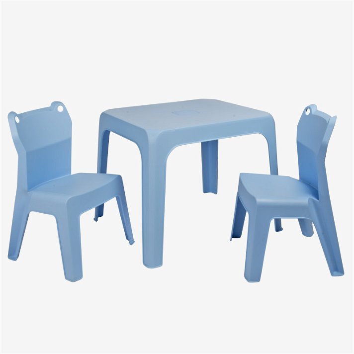 Set infantil apto uso exterior con 1 mesa y 2 sillas en acabado color azul Janfrog Resol