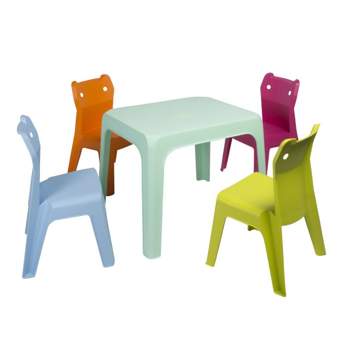 Set per bambini adatto per uso esterno con 1 tavolo aquamint e 4 sedie multicolore 2 Jancat Resol