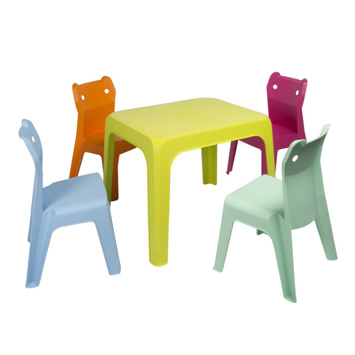 Lot pour enfants adapté aux extérieurs avec 1 table vert citron et 4 chaises multicolores 4 Jancat Resol