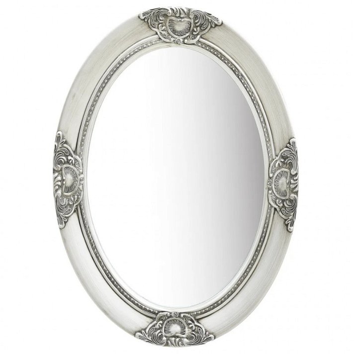Espejo de pared ovalado con marco de diseño barroco de 50 cm de diámetro en color plateado Vida XL