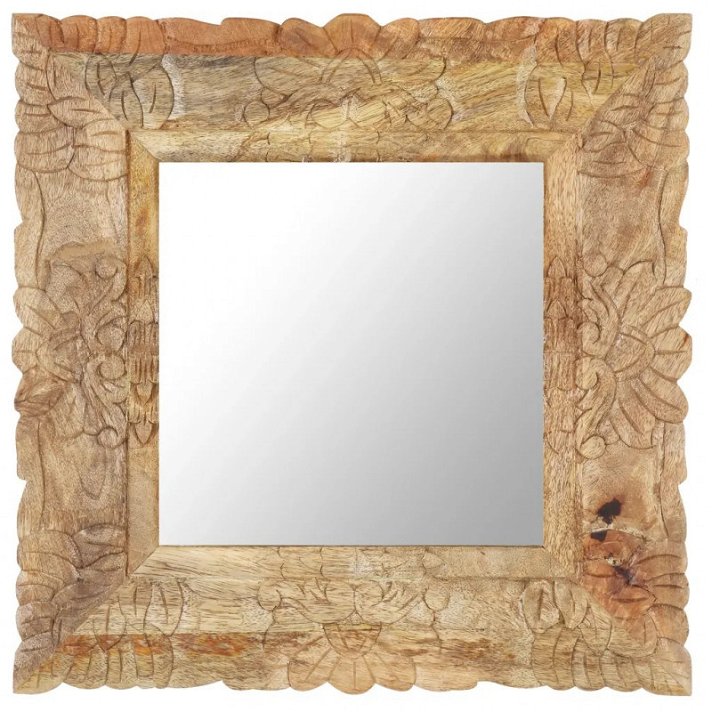 Espejo cuadrado con marco de madera de mango tallado artesanalmente en color marrón claro de 50 cm Vida XL