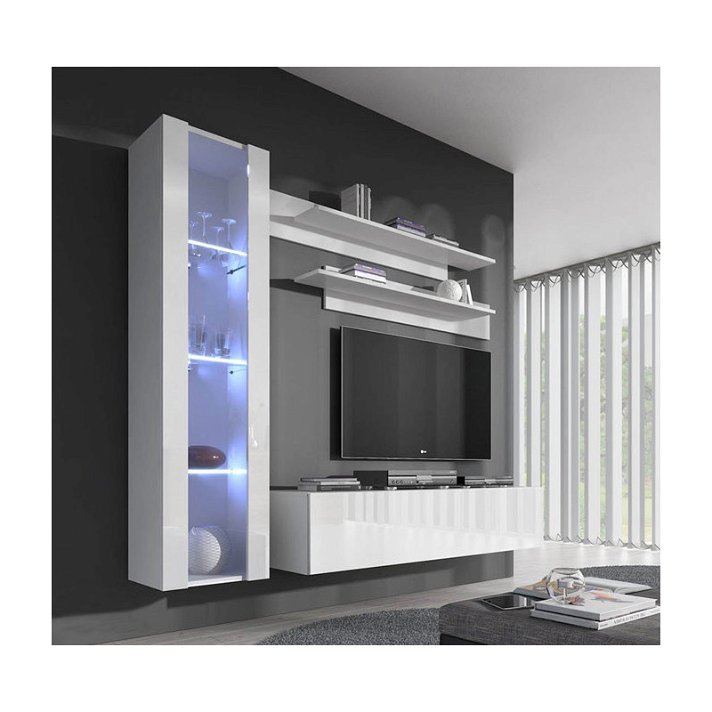 Conjunto de muebles para TV con vitrina y estantes de melamina acabado blanco brillante Nerea Domensino