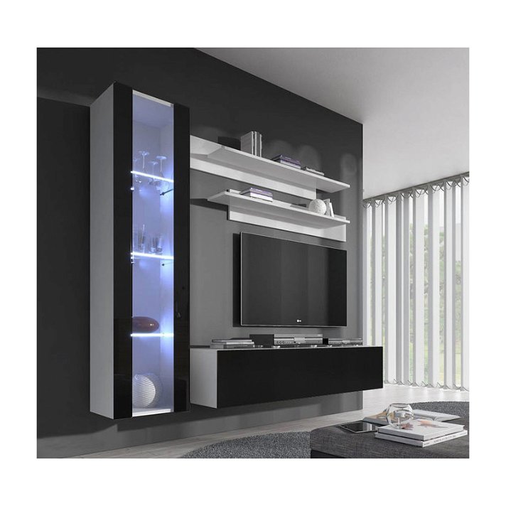 Conjunto de mueble para TV con estantes y vitrina melamina blanco y negro Nerea Domensino