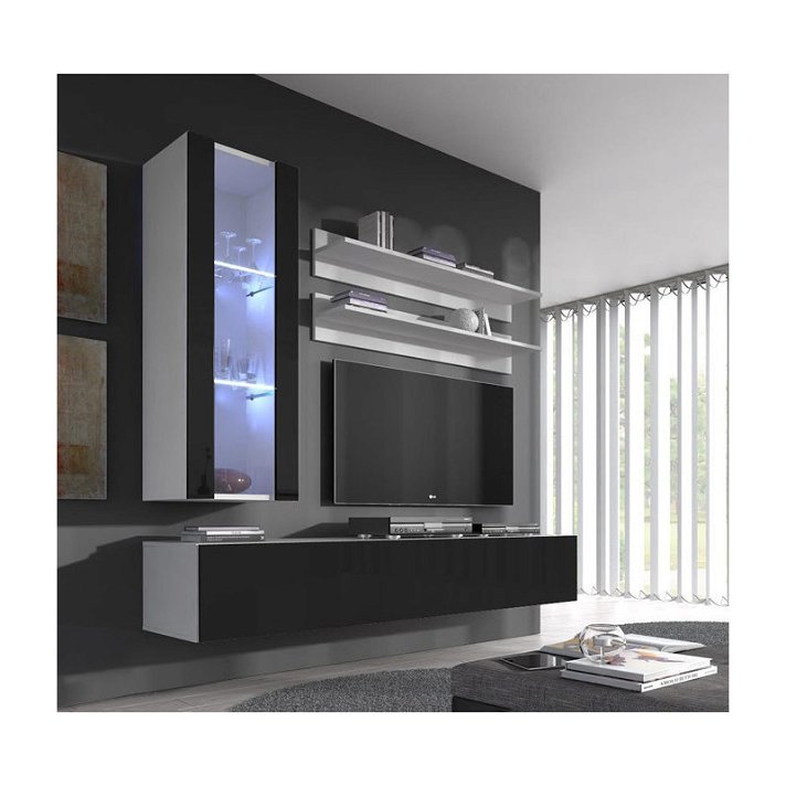 Conjunto de mueble para TV con estantes y vitrina melamina blanco y negro brillante Nerea Domensino