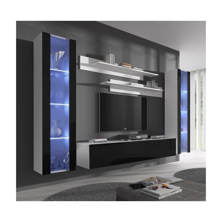 Conjunto de mueble de TV con 2 vitrinas y 2 estantes melamina blanco y negro Nerea Domensino