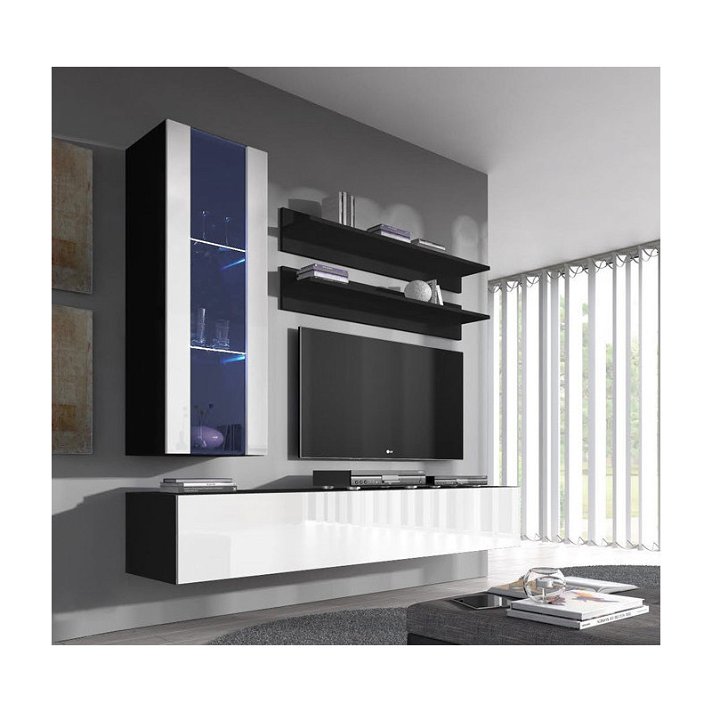Conjunto de mueble para TV con vitrina de 126cm melamina negro y blanco brillante Nerea Domensino