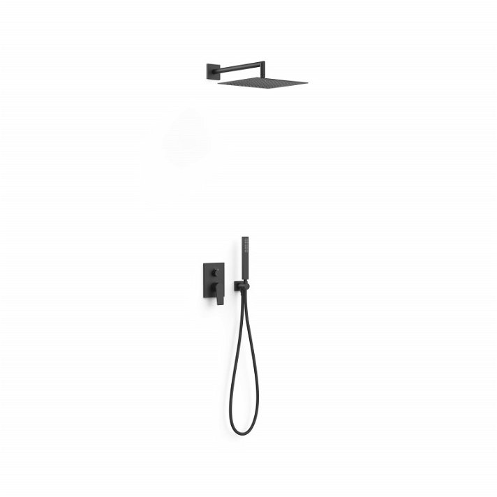 Kit para ducha con grifo monomando rociador de mural y teleducha fabricados de latón en color negro mate Project TRES