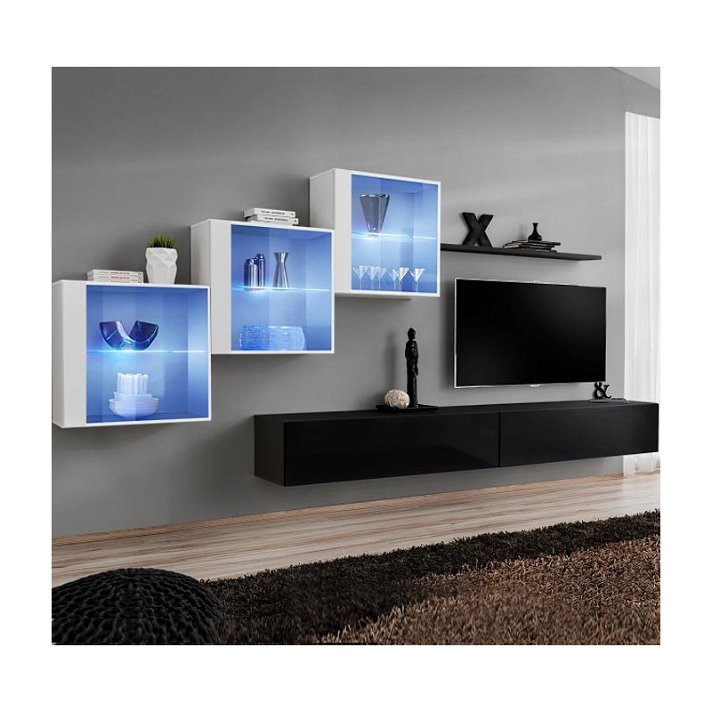 Conjunto de muebles de seis módulos para TV de color negro y blanco Baza Domensino