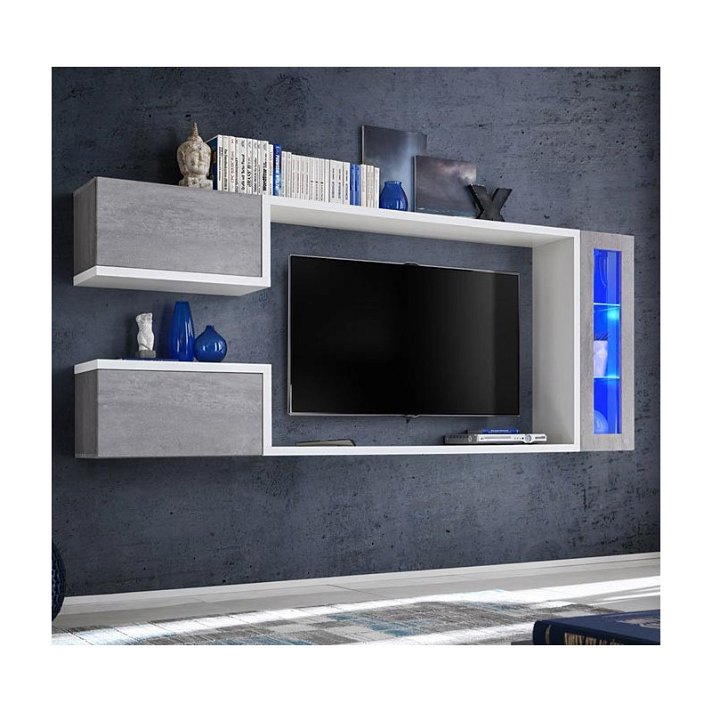 Mueble de salón suspendido de 237 cm de color blanco y gris cemento Urias Domensino