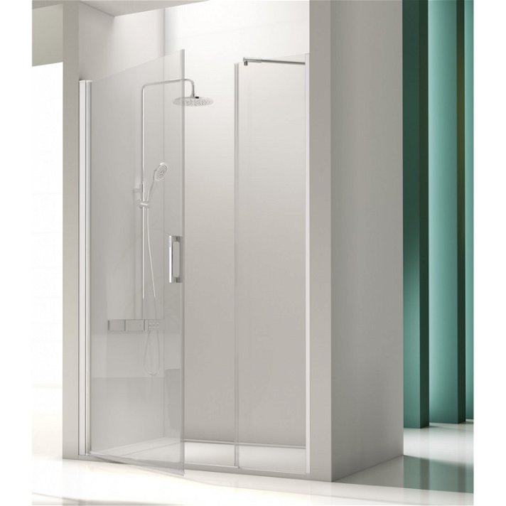 Mampara de ducha frontal de hoja fija con puerta abatible y con un acabado en color blanco SA502 Kassandra