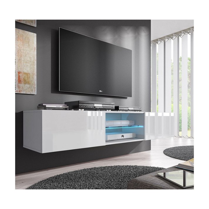 Meuble de télévision suspendu avec étagères de 160 cm fabriqué en mélaminé de couleur blanche Tenon Domensino