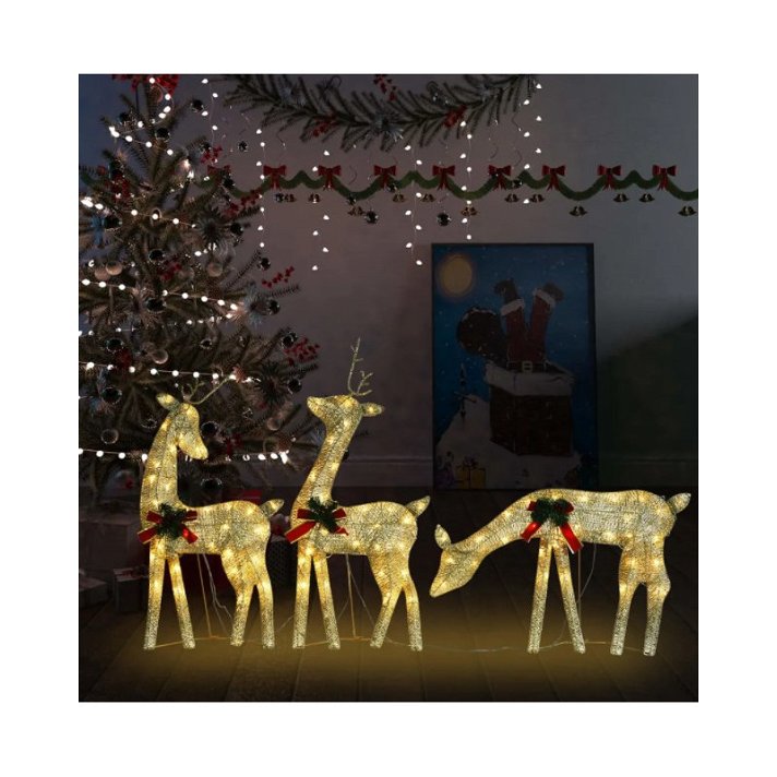 Família de renas dourados de jardim com luzes LED Vida XL