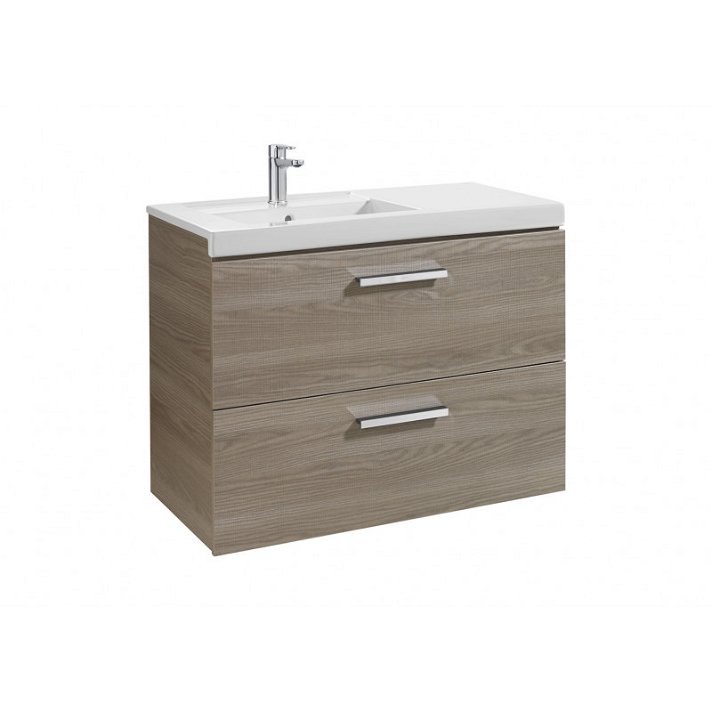 Mueble de baño con dos cajones y lavabo izquierdo de 90 cm de ancho en color Fresno Unik Prisma Roca