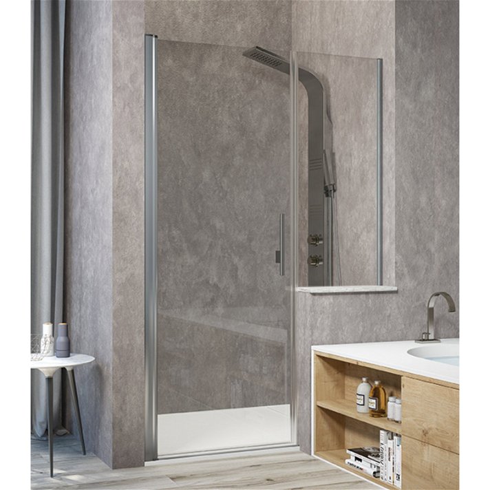Painel de duche frontal com painel fixo e porta rebatível com perfil com acabamento prata SA502 Kassandra
