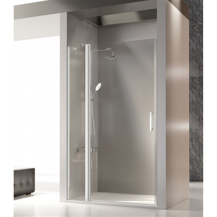 Mampara de ducha frontal de hoja fija con puerta abatible y perfileria en un acabado blanco SA503 Kassandra