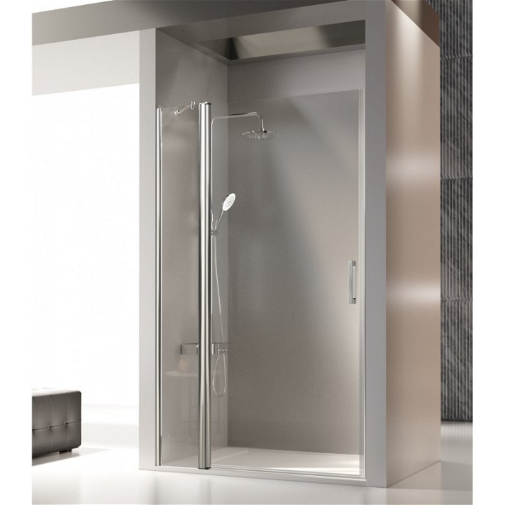 Mampara de ducha frontal de hoja fija con puerta abatible y perfileria en un acabado plata SA503 Kassandra