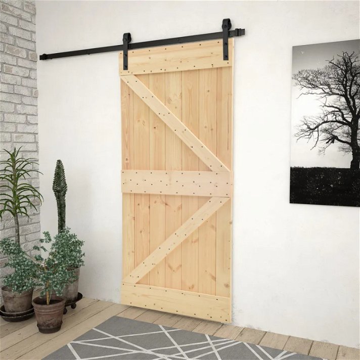 Puerta corredera de madera maciza de pino con herrajes rectangulares de 183 cm Vida XL