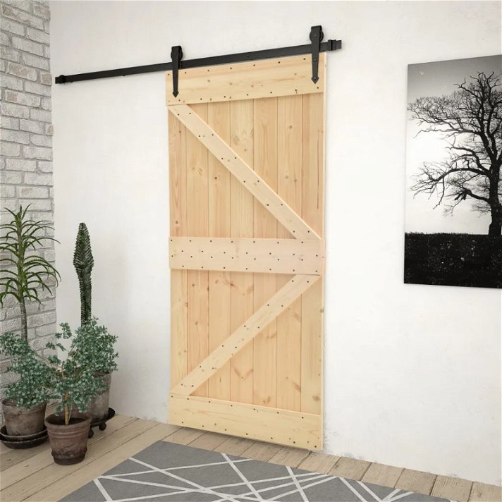 Puerta corredera de madera maciza de pino con acabado natural y herrajes de 210 cm Vida XL