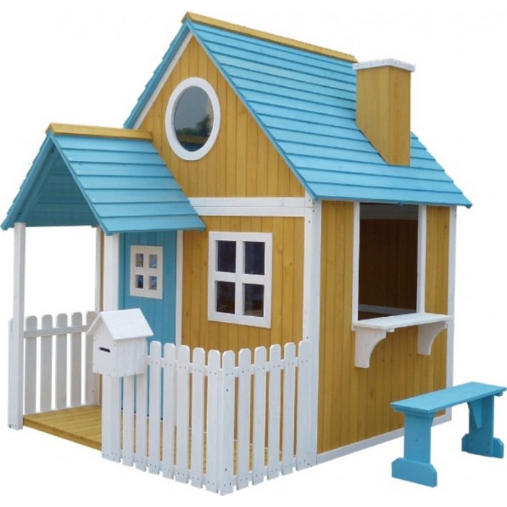 Casetta per bambini da esterno in legno con finitura Olden azzurra e bianca Masgames