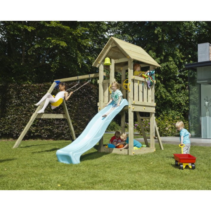 Parque infantil com tobogã baloiço e case elevada de madeira Kiosk L Masgames