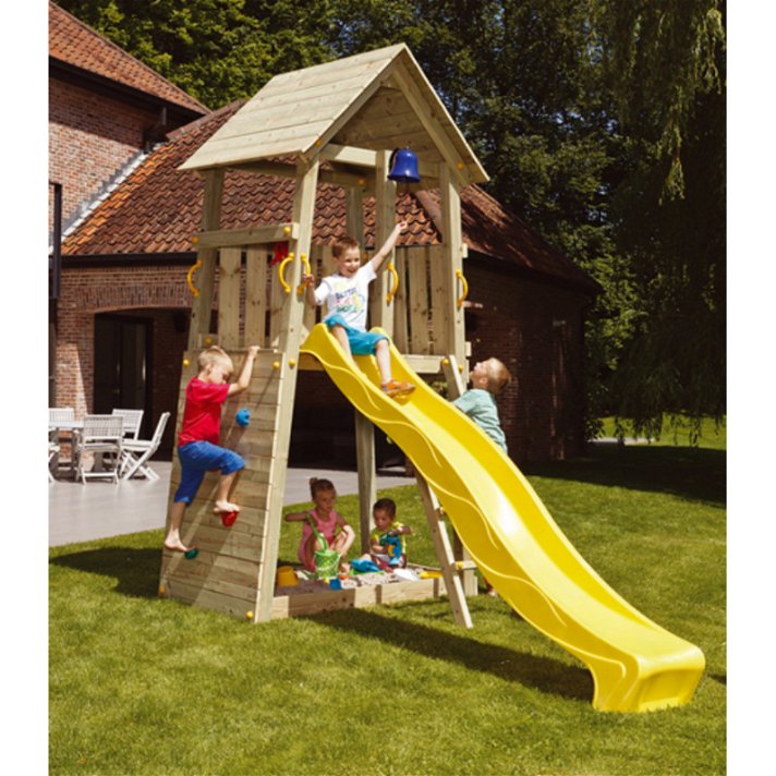 Parque infantil con casita elevada fabricado en madera de corte cuadrado Belvedere Masgames
