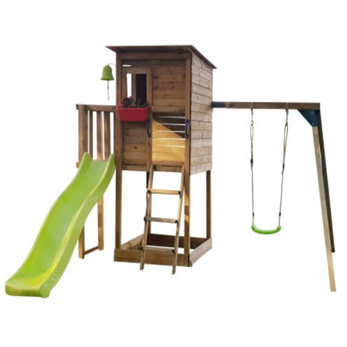 Parque infantil con casita elevada y columpio fabricado en madera Taga L Masgames