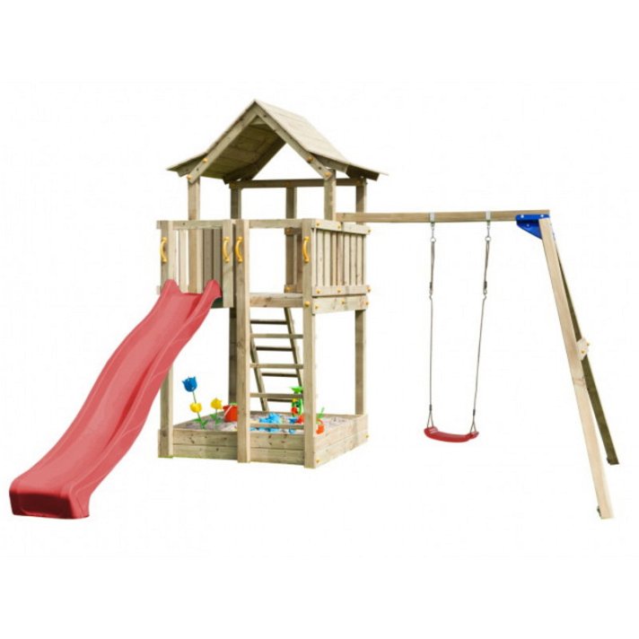 Parque infantil con plataforma y columpio fabricado en madera de corte cuadrado Pagoda L Masgames