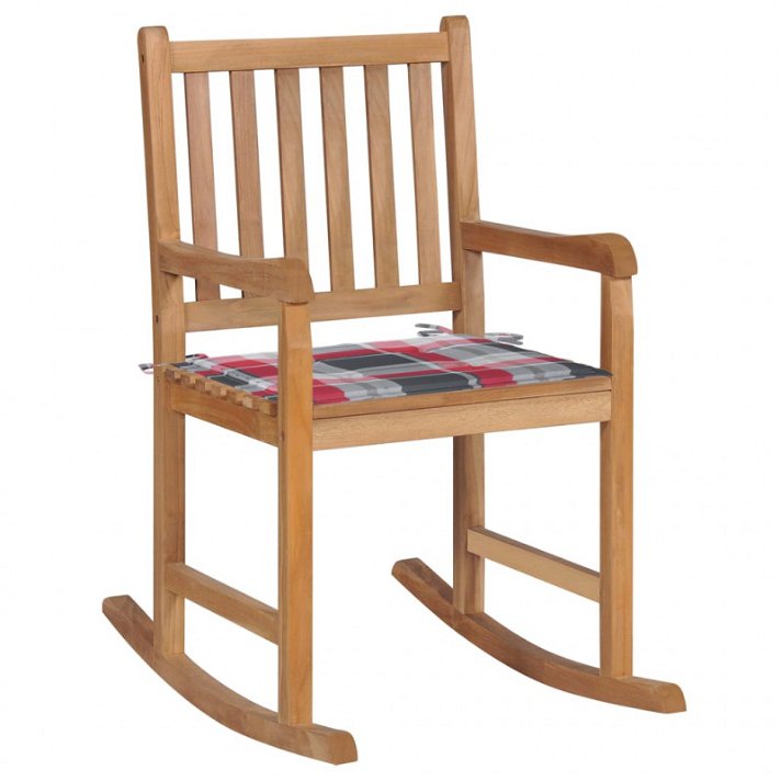 Cadeira de baloiço fabricado em madeira de teca com almofada e acabamento estampado quadriculado vermelho VidaXL
