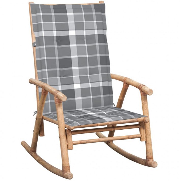 Cadeira de baloiço de bambu e almofada estampada em quadros cinzentos Vida XL