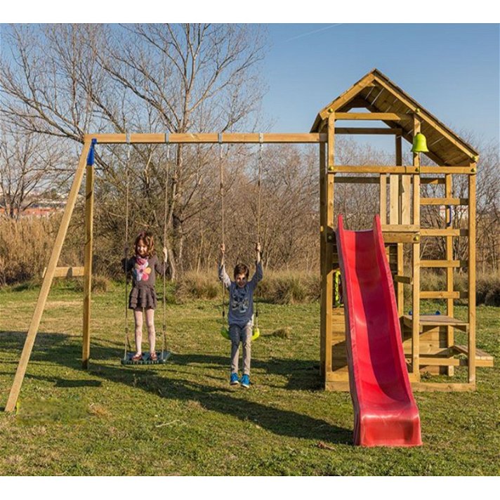 Parque infantil con columpio doble fabricada en madera de corte cuadrado Teide XL Masgames
