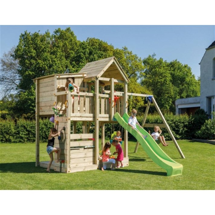 Parque infantil con casa y columpio fabricado en madera de corte cuadrado Palazzo XL Masgames